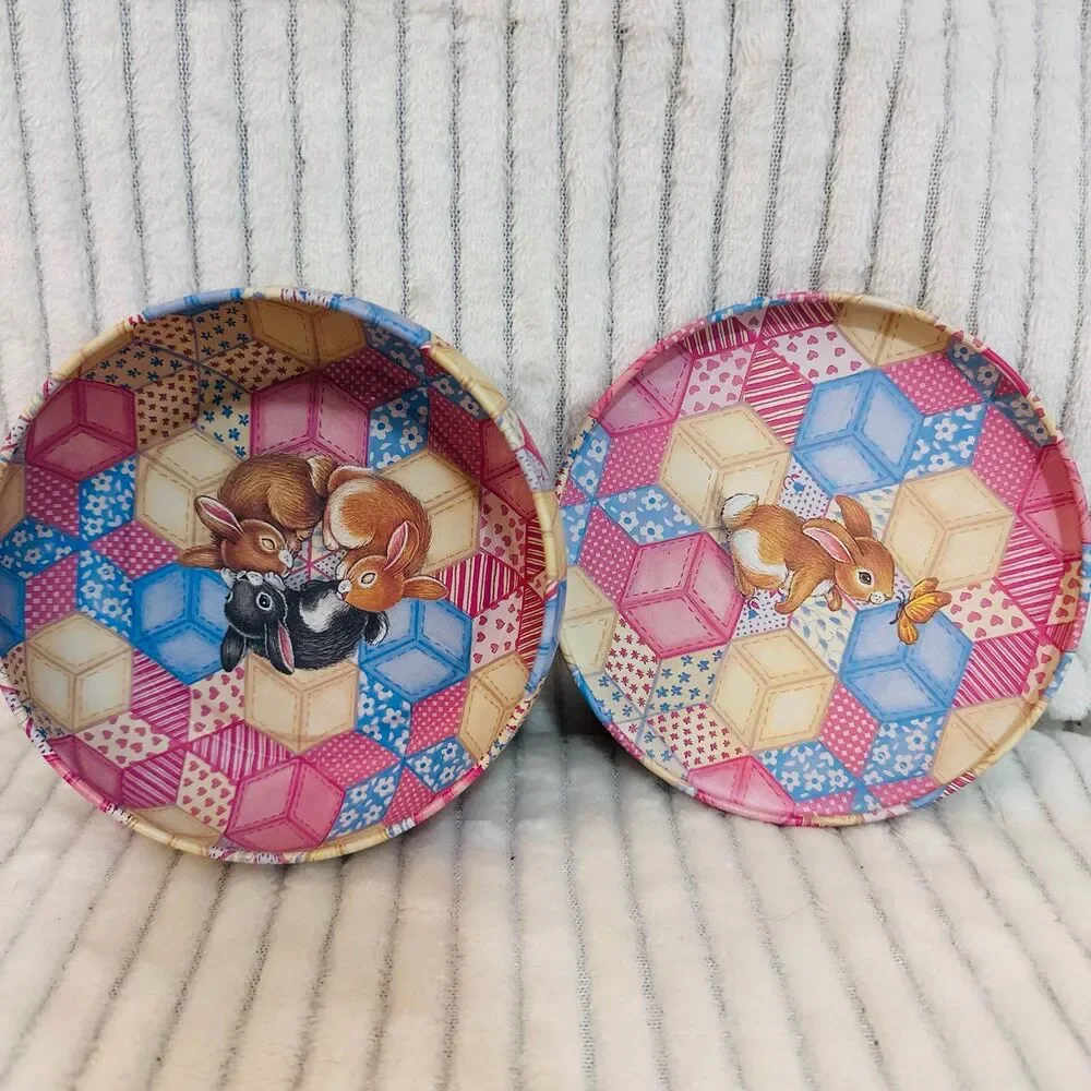 Vintage Decorative Tin with Quilted print and  Bunny Rabbits